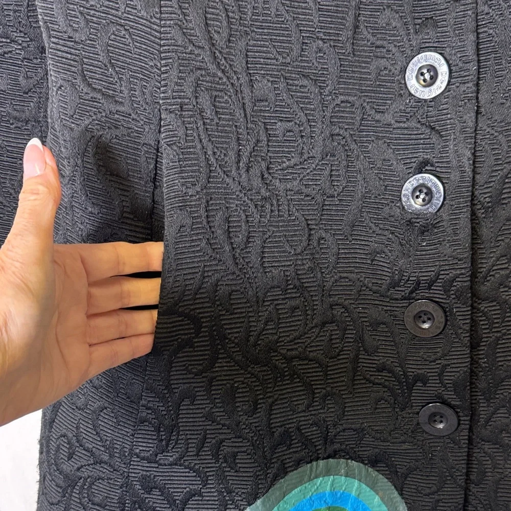 Desigual Black Textured Button Front‎ Coat Size 42 Colorful Circle Embellish